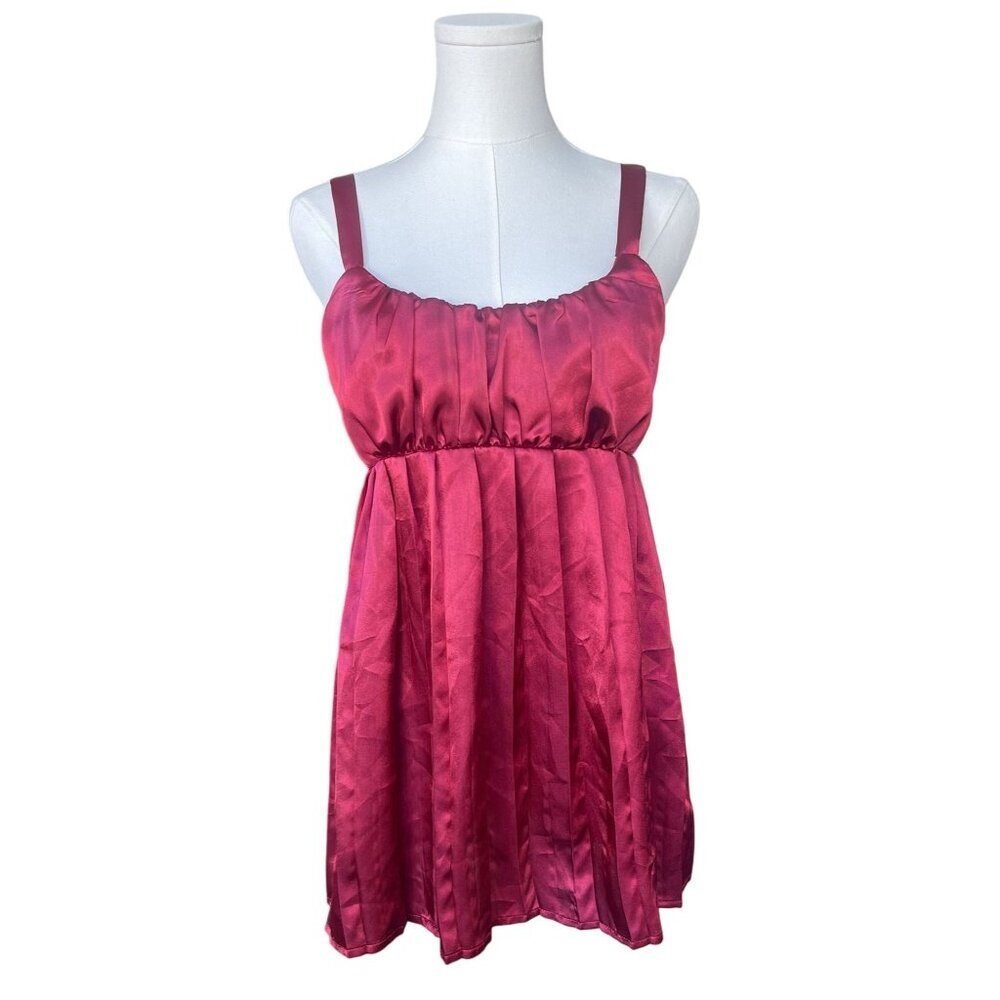 Vintage Y2K Rampage Babydoll Dress M Pleated Long Smocked Satin Ruby‎ Red 90s
